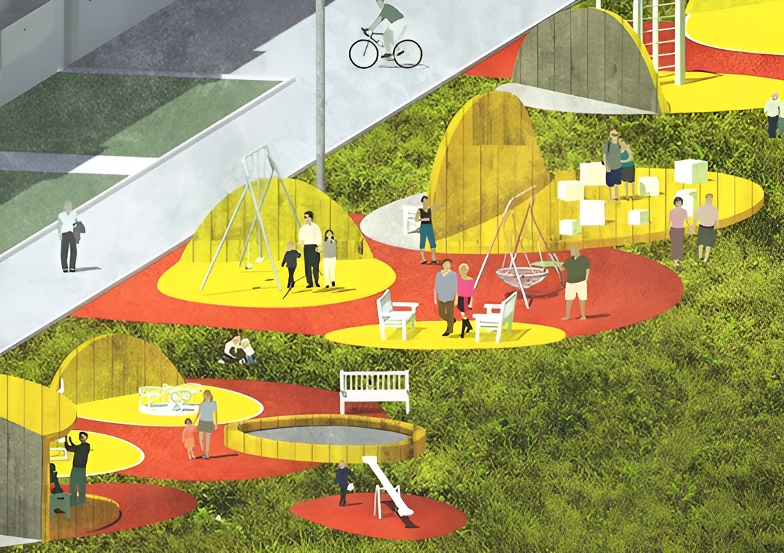 Colorful modular play equipment in a park