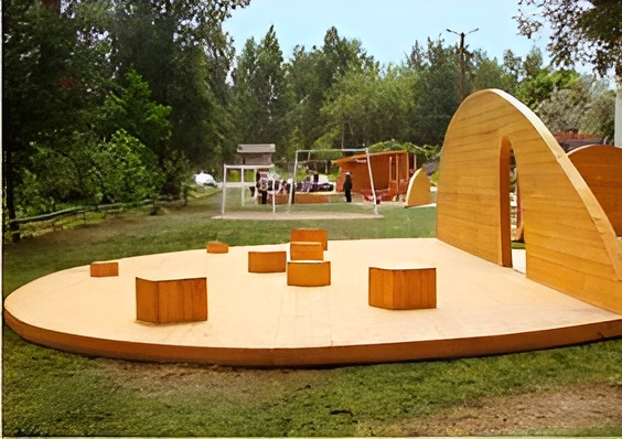 Brightly painted urban plaza with interactive elements